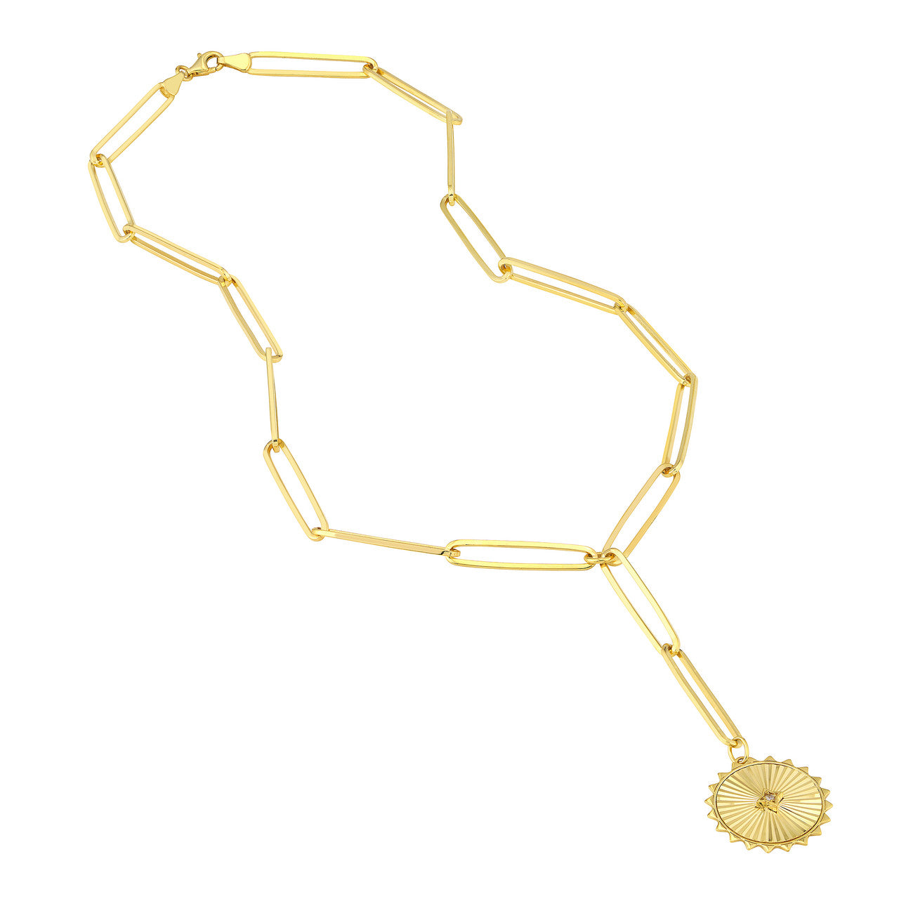 Simple diamond medallion lariat necklace by VIA Jewelers, featuring an elegant design with a sparkling pendant.