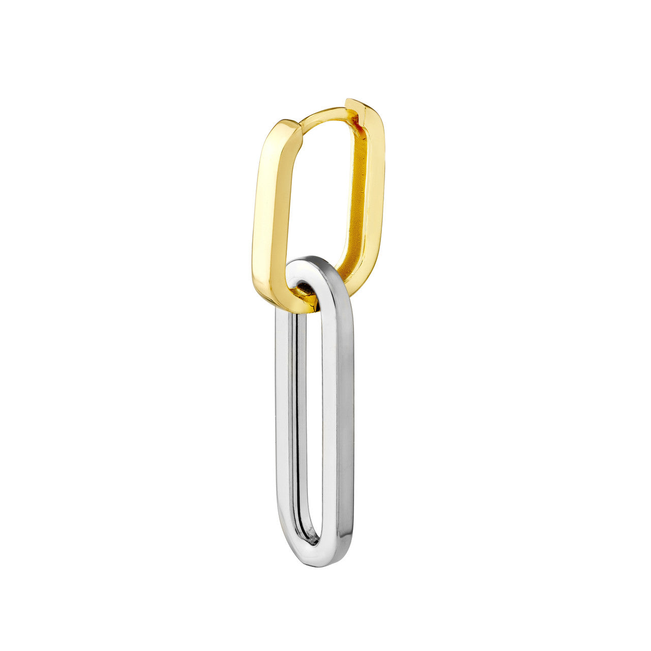 Two-tone paperclip hoop earrings by My Store, showcasing a sleek and modern design with elongated shapes.