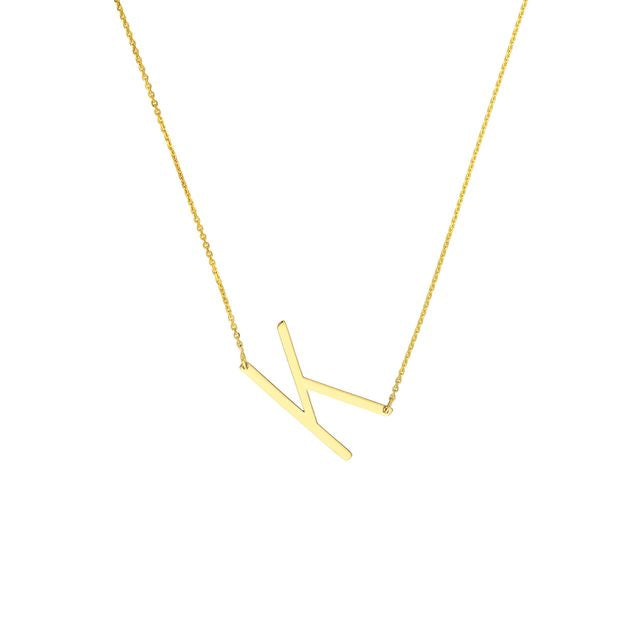 Sideways block initial necklace in gold by My Store, featuring a delicate chain and customizable letter pendant.