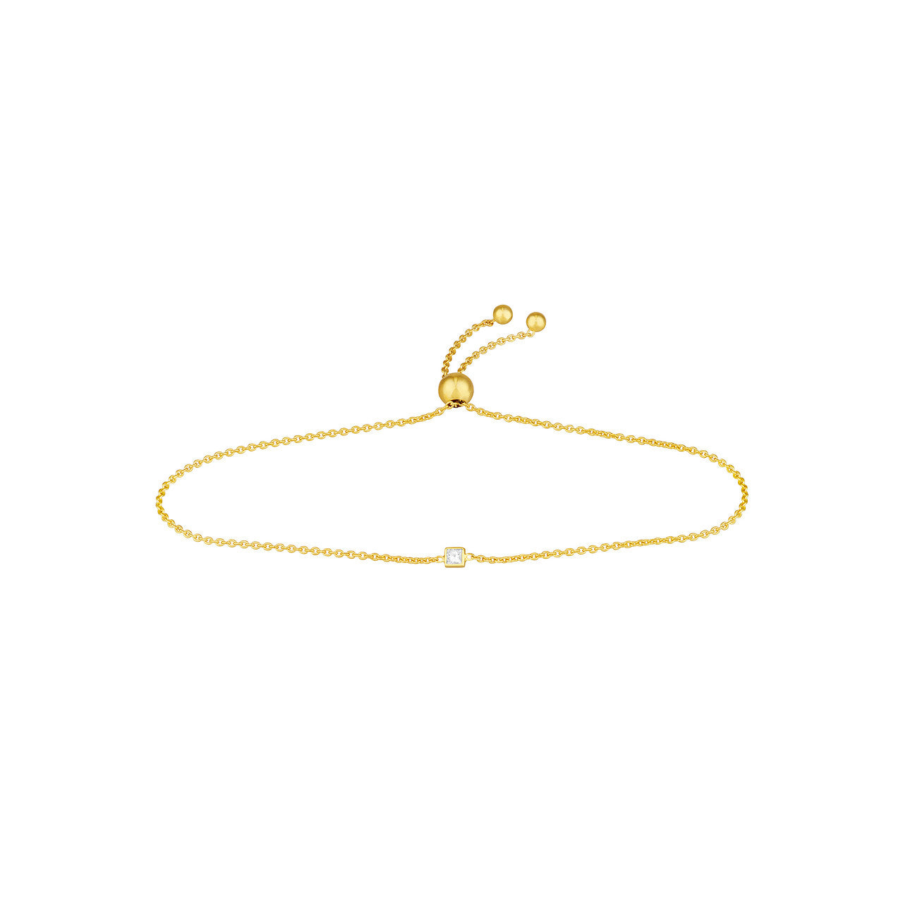 Mini princess cut diamond bolo bracelet with a delicate design and adjustable chain, showcasing sparkling diamonds.