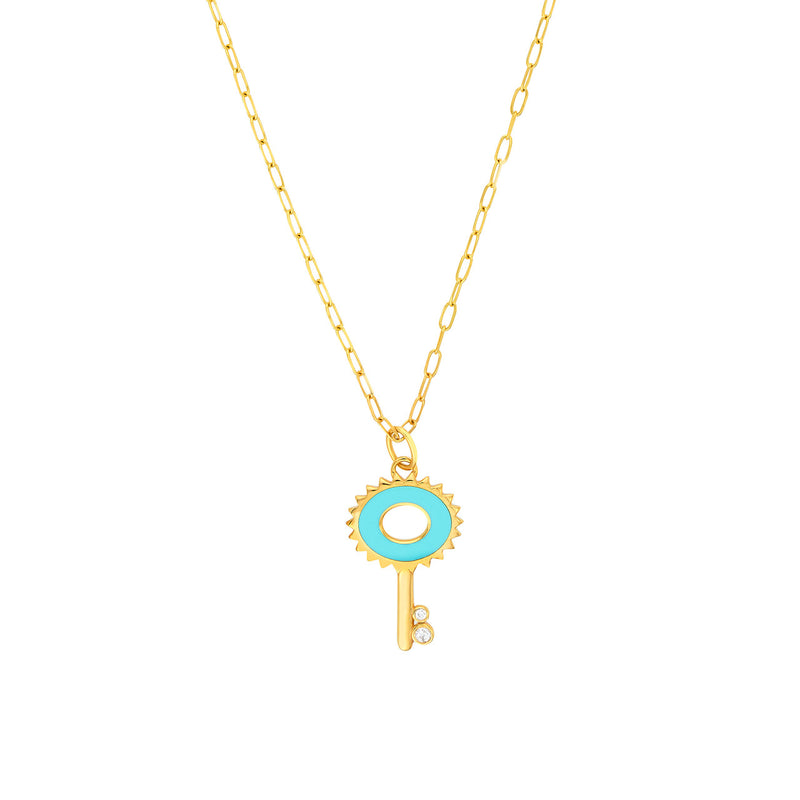 Turquoise Enamel Key Necklace with Diamonds